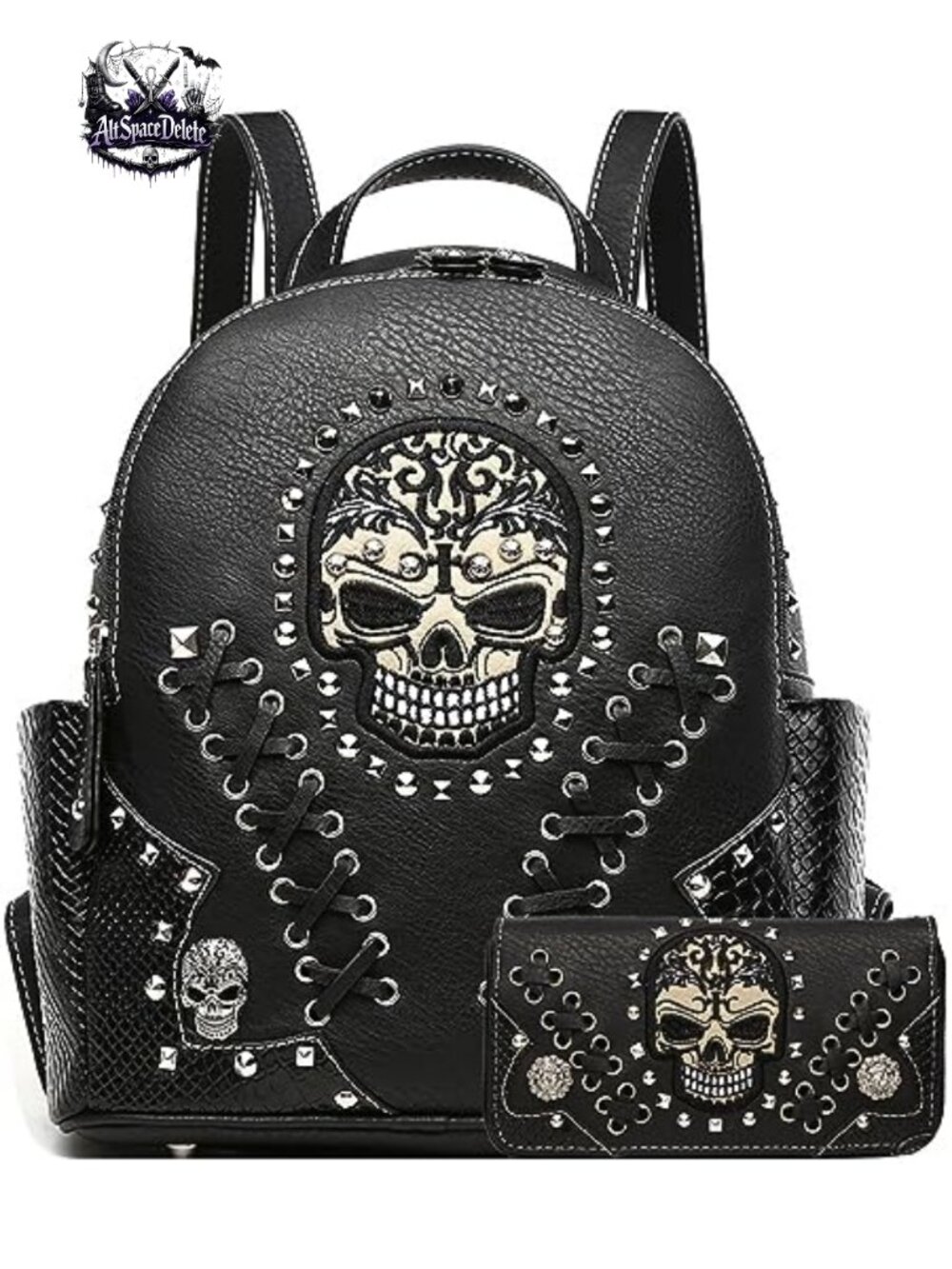Embroidered Skull Backpack Purse & Wallet Set Water Resistant
